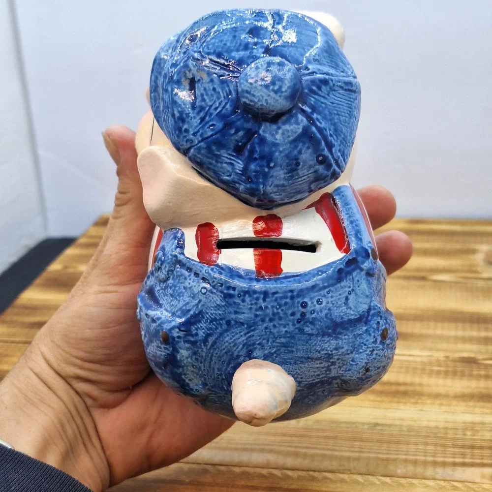 Ceramic‎ Pig Wearing Pinstripes Overalls Coin Piggy Bank Vintage Hand Painted